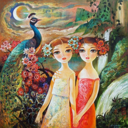 Two Girls and Peacock by artist Ping Irvin